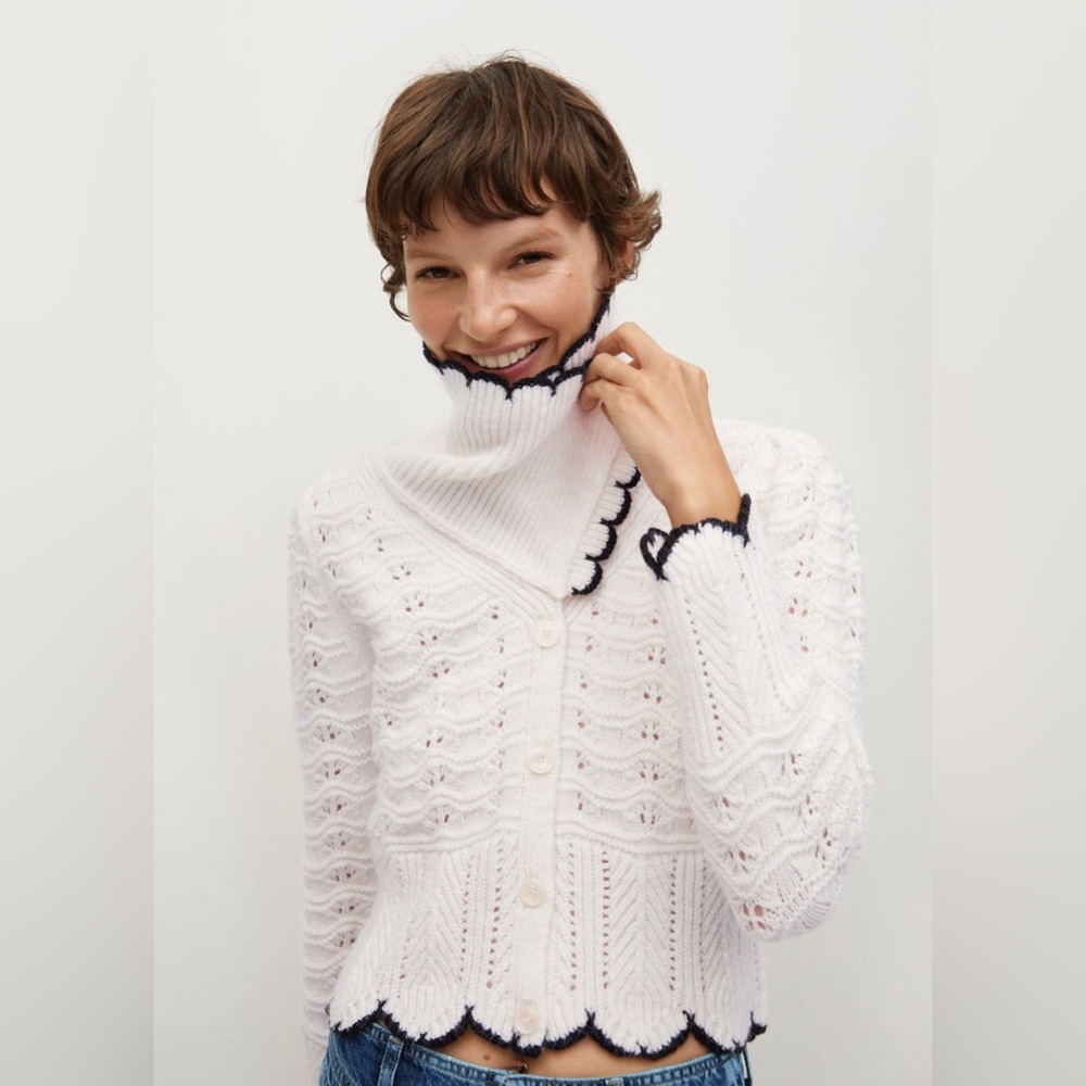 Mango Women's Natural Scallop Trim Collar Cardigan